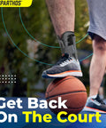 Lace Up Ankle Brace With Adjustable Support For Running And Court Sports Like Basketball And Volleyball, worn by athletic person.