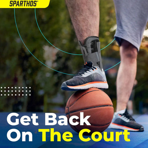 Lace Up Ankle Brace With Adjustable Support For Running And Court Sports Like Basketball And Volleyball, worn by athletic person.