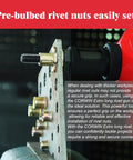 Extra Long Mandrel Rivet Nut Tool Kit With 16 Inch Rivnut Gun, demonstrating pre-bulbed shank rivnut insert in sheet metal.