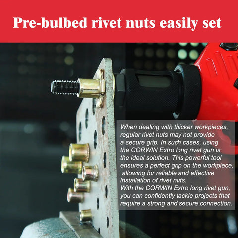 Extra Long Mandrel Rivet Nut Tool Kit With 16 Inch Rivnut Gun, demonstrating pre-bulbed shank rivnut insert in sheet metal.