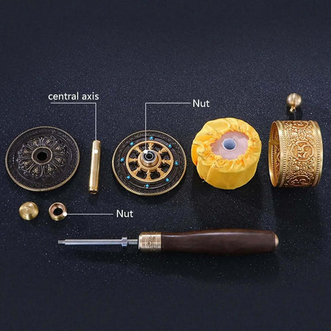 Components of Copper Hand Held Prayer Wheel For Home And Office Decor, Tibetan Buddhist Hand Turn Praying Instrument