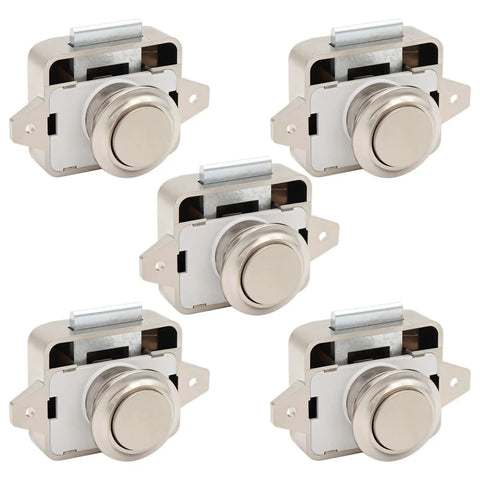 Chrome Plated Marine Grade Push Button Cabinet Locks Pack Of 5 For RV Drawers And Boat Storage Keyless Catches in silver finish