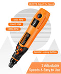 Orange Mini Cordless Rotary Tool Kit With 3.7V USB Recharge, 32 Accessories, Three Speeds 5K 10K 15K RPM for DIY Crafts.