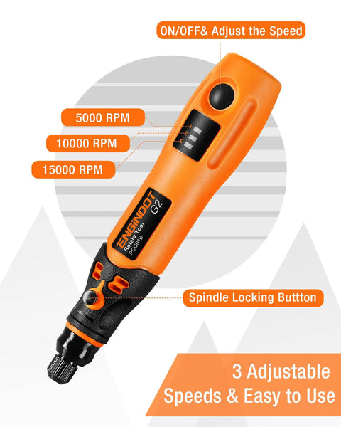 Orange Mini Cordless Rotary Tool Kit With 3.7V USB Recharge, 32 Accessories, Three Speeds 5K 10K 15K RPM for DIY Crafts.