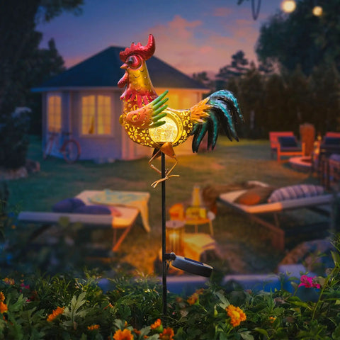 Rooster Solar Lights Outdoor Decor For Garden Yard Art Statue, vibrant glow, durable metal construction in garden setting at night