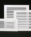 Three white air vents with adjustable aluminum curved blades, including the 10 By 6 Inch One Way Air Vent With Adjustable Aluminum Curved Blades Powder Coat Finish For Scratch Resistant No Fuss Air Flow In Your HVAC System Great For Any Room In A Home Or Office.