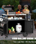 Outdoor Grill Cart With Cabinet And Locking Wheels, extra wide stainless steel prep table, large spice rack, weatherproof kitchen island for BBQ