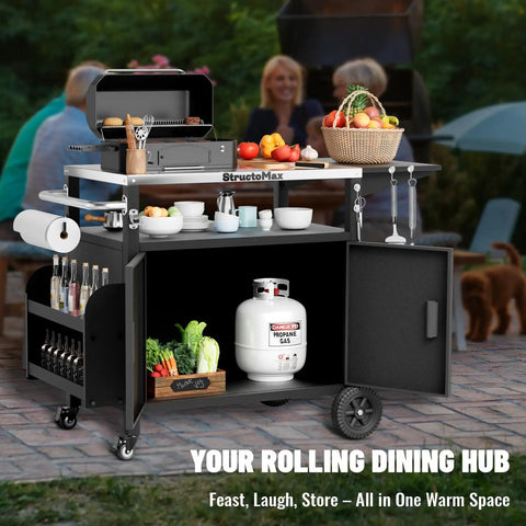 Outdoor Grill Cart With Cabinet And Locking Wheels, extra wide stainless steel prep table, large spice rack, weatherproof kitchen island for BBQ
