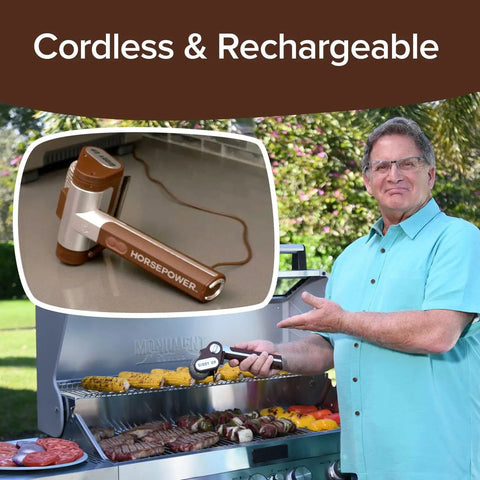 Man using Giddy Up Grill Cleaner Cordless BBQ Scrubber With 350 RPM Stainless Roller And LED Light.