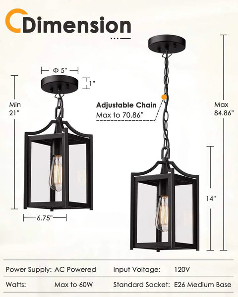 Large 14 Inch Outdoor Pendant Light With Adjustable Chain In Black Exterior Finish And Clear Glass dimensions view.
