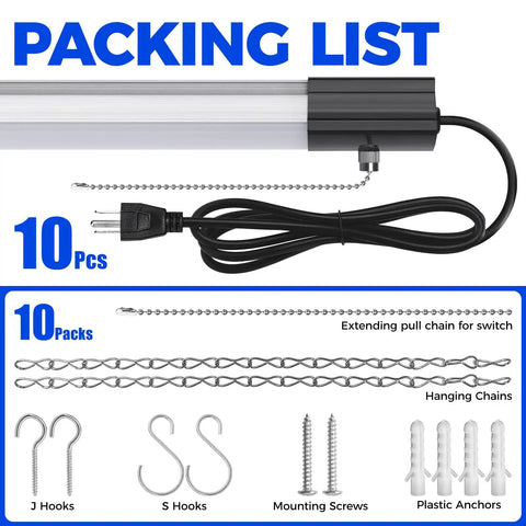 Packing list for 4 Foot LED Shop Lights 84W 10000 Lumens Daylight 5000K with pull chain, hanging chains, and mounting hardware