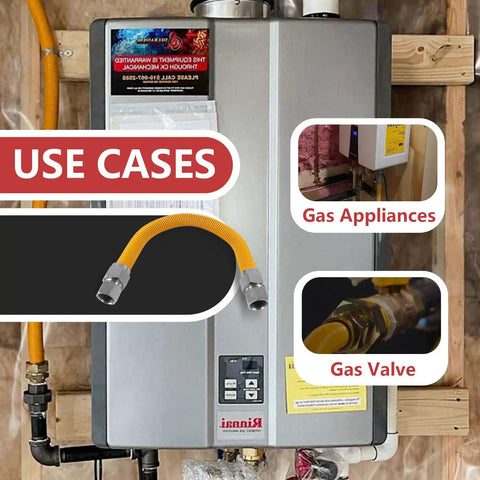Heavy Duty 18 Inch Gas Hose Connector With One Inch Outer Diameter And Three Quarter Inch FIP To Three Quarter Inch FIP Fittings Yellow Coated Stainless Steel For Tankless Water Heaters And Gas Appliances Epoxy Shielded Leak Proof Supply Line usage example
