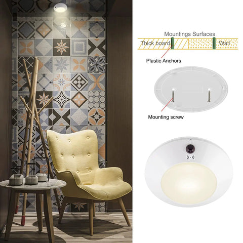 Wireless Battery Powered Ceiling Light With Remote RGB Color Changing Mood Lighting shown in a cozy reading nook with mounting details