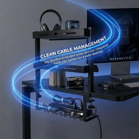 No-Drill Clamp-On 17-Inch 2-Tier Desk Shelf With Hidden Under-Desk Storage Basket showcased on modern desk setup