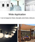 All In One Sun Shade Hardware Kit For Rectangle And Square Sails With 5 Inch Heavy Duty Anti Rust Stainless Steel Marine Grade 304 Components Include 50 Ft Cable Wires And Adjustable Turnbuckles For Easy Pro Installation displayed in diverse applications such as hanging sun shade and string lights.