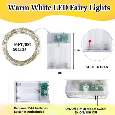 Battery Operated Fairy Lights With Timer Waterproof 16 Foot 50 LED String Lights showing battery box dimensions and timer switch