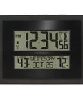 Front view of Digital Atomic Clock With Outdoor Temperature And Moon Phase Auto Time Sync Large Two Inch Digits Twelve Or Twenty Four Hour Display DST Auto Seven Time Zones No Fuss Setup Black Wall Or Desk Clock For Home And Office