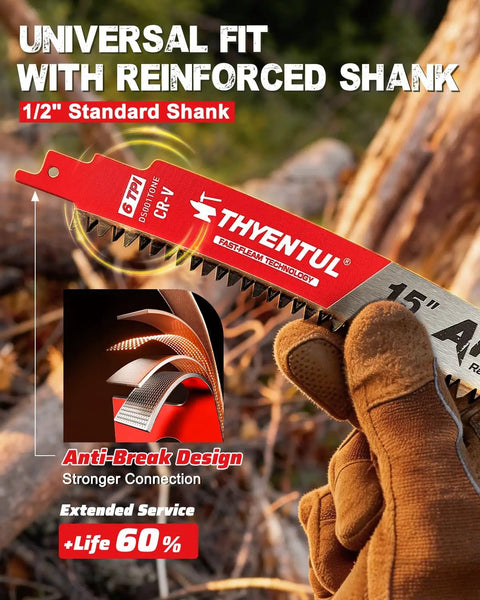 15 Inch Arc Edge Reciprocating Saw Blade Set For Fast Tree Pruning And Wood Cutting shown being held outdoors