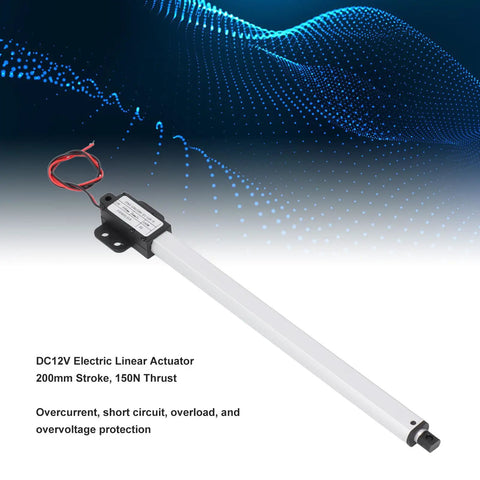 Compact 12V DC Linear Actuator With 200mm Stroke, 150N Lift, IPX4 Rating shown against blue digital wave background