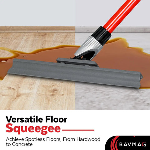 Long Reach Silicone Squeegee With 55-Inch Handle And 12-Inch Silicone Blade shown cleaning hardwood floor with liquid spill.