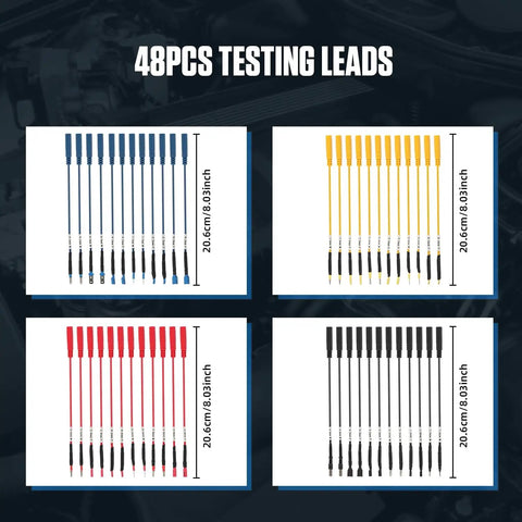 48 Piece Testing Leads in blue, yellow, red, and black with dimensions shown, part of 68 Piece Automotive Circuit Test Lead Kit With Multimeter Test Leads Electrical Breakout Leads Terminals Alligator Clips Probes Banana Plug Adapters Volt Meter Lead Set For DIY Diagnostics And Repairs
