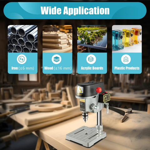 Rock Solid Heavy Duty Benchtop Drill Press Packing A Mighty 340W Motor And Three Adjustable Speeds For Pinpoint Wood And Metal Drilling Durable Cast Iron Tabletop Machine Built To Crush Projects In Your Weekend Garage displaying applications for wood, iron, acrylic, and plastic.
