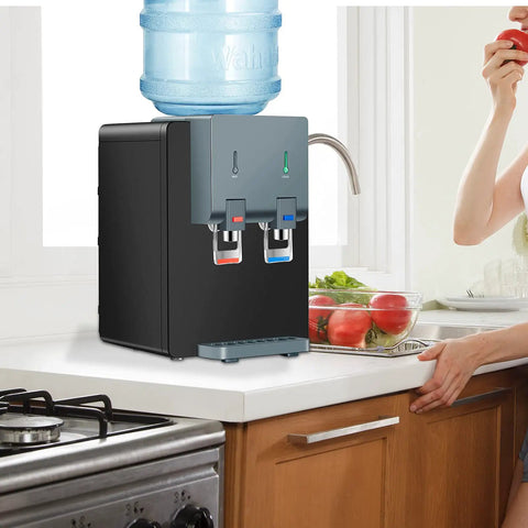 Countertop Water Cooler Dispenser For Home Office Dorms Black Holds 3 Or 5 Gallon Jug Top Loading Hot And Cold Water on kitchen counter
