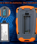 Duogalia fiber optic tester with orange-gray housing; back battery compartment open.