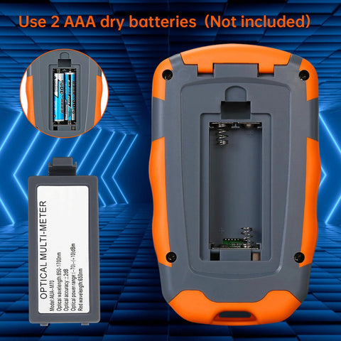 Duogalia fiber optic tester with orange-gray housing; back battery compartment open.