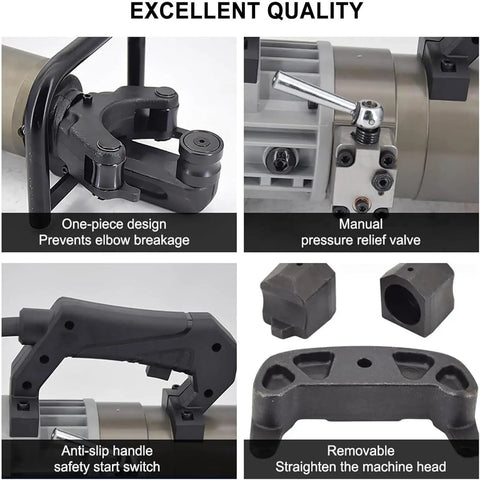 AOXHUGB Portable Electric Hydraulic Rebar Bending Machine 36mm showing one-piece design, manual valve, anti-slip handle, removable head.