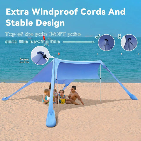 Family under Portable Beach Shade Tent Sun Shelter UPF50 Canopy With Sandbags for family beach days, showcasing easy setup.