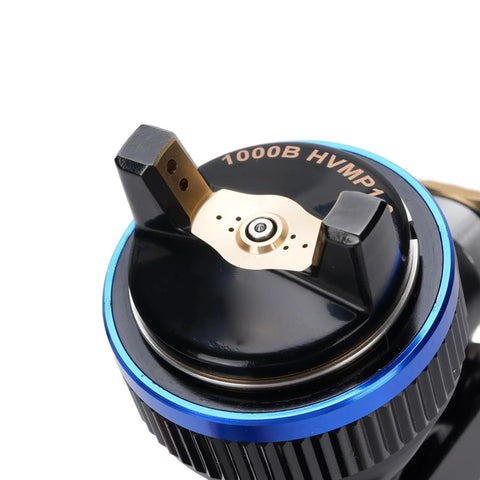Pro Level Hvlp Pneumatic Paint Sprayer With 600ml Cup nozzle detail showing precision brass tip for smooth finishes.
