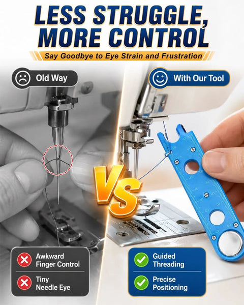 Comparison of old threading method vs Four In One Needle Threader With Magnetic Back Magnifying Glass Ruler And Insert Guide