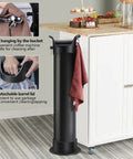 Floor Standing Espresso Knock Box For Baristas, Pro Style Commercial Grade Coffee Grounds Receiver with towel hanging on side.