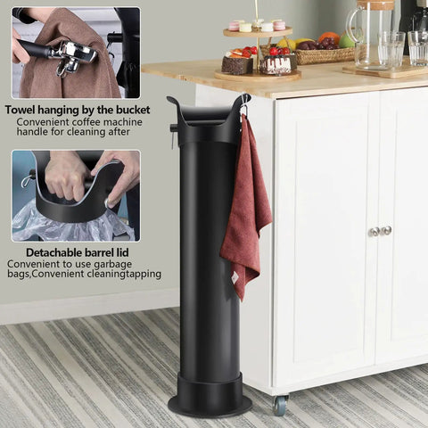 Floor Standing Espresso Knock Box For Baristas, Pro Style Commercial Grade Coffee Grounds Receiver with towel hanging on side.