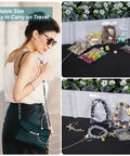Woman carrying a bag and displaying 300 Pack 3x4 Inch Clear Zip Bags Reclosable Small Plastic Pouches with beads and pills in travel setting