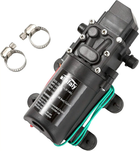 12V DC Fresh Water Pump Diaphragm Self Priming Sprayer Camping Ready For RV Boat Camper Marine Lawn 4.5 L Per Min 110 PSI Adjustable 36W Low Power Consumption With Pressure Switch And 2 Hose Clamps