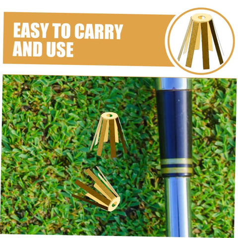 Universal Brass Golf Shaft Adapter Shims And Octopus Spacers Rig Ready Pack Of Five on grass with golf club handle.