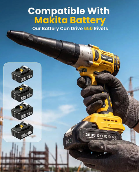 Cordless Rivet Gun Kit 20V Max Battery Brushless Pop Rivet Tool with Auto Feed showing Makita battery compatibility