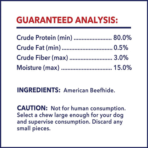 Guaranteed analysis and ingredients for Beefhide Dog Chew Rolls 8 Inch Made In USA Natural Flavor 15 Count Pack Thick Rawhide Treats For Heavy Chewers Safe American Sourced Quality Chews For Dogs