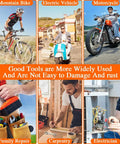 Image depicting various transport modes and repair professions with the All In One Bike Tool Kit For Cyclists, 20 In 1 Multitool With 10 In 1 Bone Wrench in use.