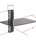 Under TV AV Gear Wall Shelf Dope One Shelf Mount With Adjustable 1 Inch Increments 6mm Tempered Glass Holds Up To 30 Lbs