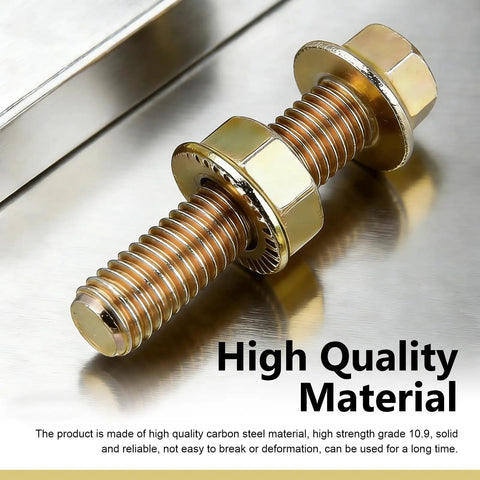 Close-up of Exhaust Manifold Bolt Kit 10 Piece High Strength Carbon Steel Hex Head Flange Screws With Anti Slip Fasteners.
