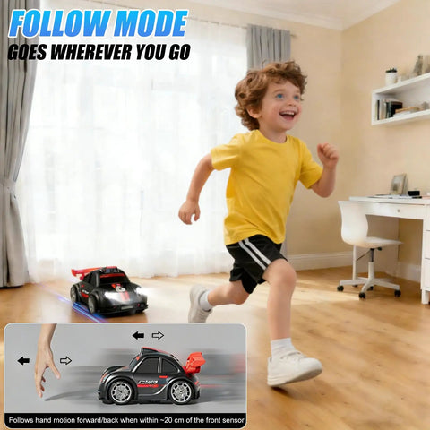 Child running indoors followed by FPV Mini RC Car With Camera And 2.4 Inch Screen, Dual Control Via Remote Or App, 360 Degree Drift Capable, Rechargeable Battery, Includes 8GB Card, Follow, Escape And Demo Modes For Fun Beginners And Hobbyists.