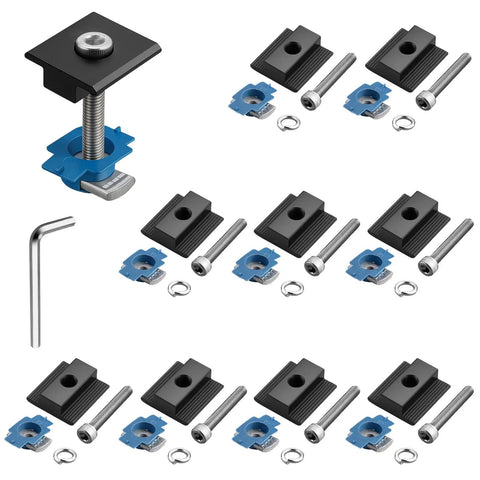 Rock Solid 10 Pack Solar Panel Mid Clamps For Unistrut Rail Tracks 40Mm Aluminum Hardware In Slate Black Corrosion Resistant Mounting Brackets displayed with assembly hardware.