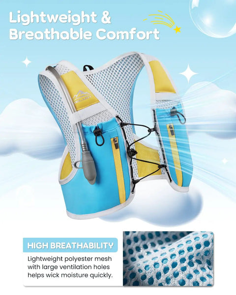 Kids Hydration Backpack With 1L Water Bladder On The Go Adjustable Reflective Running Vest in blue with mesh ventilation