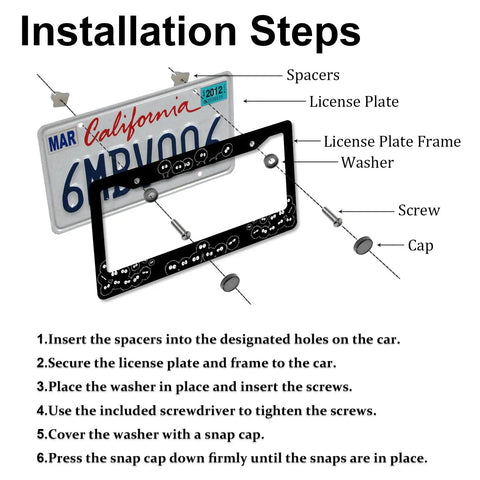 Installation steps for Dope Aluminum Anime Soot Sprites License Plate Frame for Cars with mounting instructions and hardware.