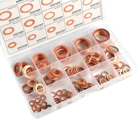 150 Piece Copper Flat Washer Set Dope All Purpose Sealing Washers For Plumbing Automotive Electrical Jobs In A Handy Storage Box Flexible Soft Copper For Tight Seals And Great Conductivity, clear organizer with assorted copper washers