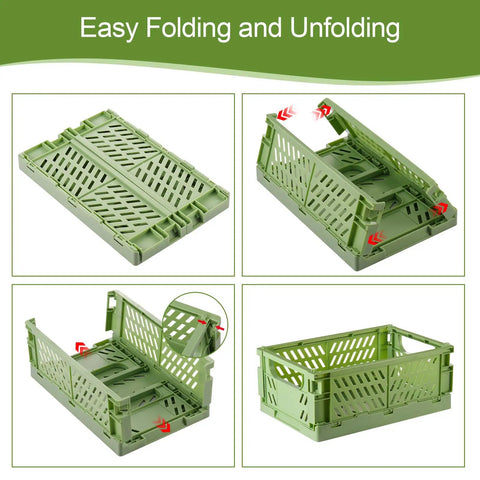 Green folding process of pastel plastic storage baskets 6 pack collapsible crates for organizing small items space saving mini bins.