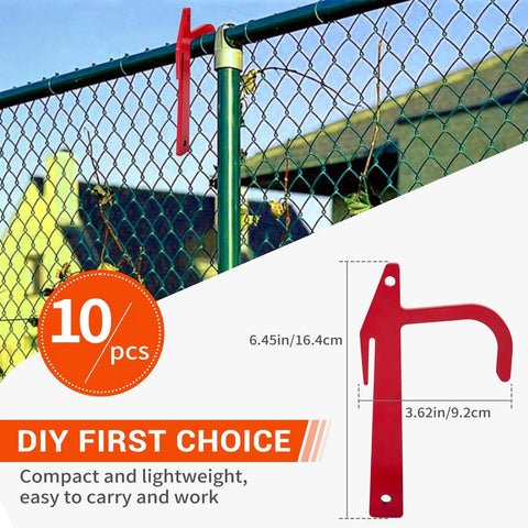 Chain Link Fence Banana Clip Set For Tensioning And Stretching, installed on a fence, red metal clip with anti-corrosion coating